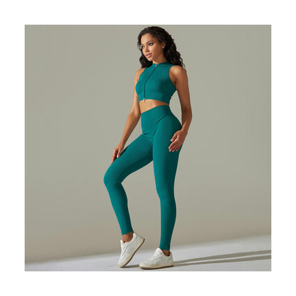 Women Seamless Yoga Set 2 Piece Sleeveless zipper crop top with High Waist Shorts Legging Outfit