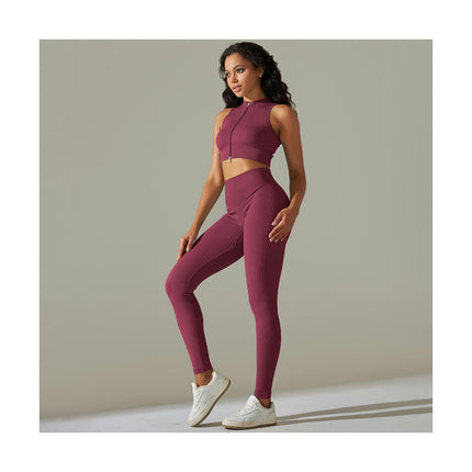 Women Seamless Yoga Set 2 Piece Sleeveless zipper crop top with High Waist Shorts Legging Outfit