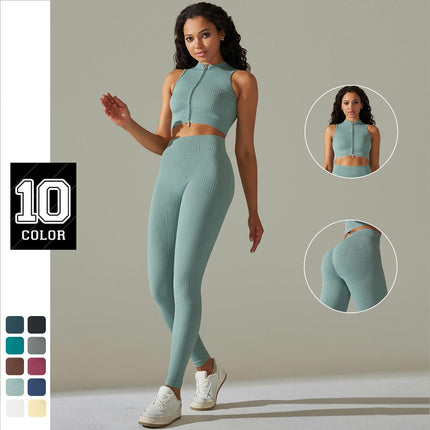 Women Seamless Yoga Set 2 Piece Sleeveless zipper crop top with High Waist Shorts Legging Outfit