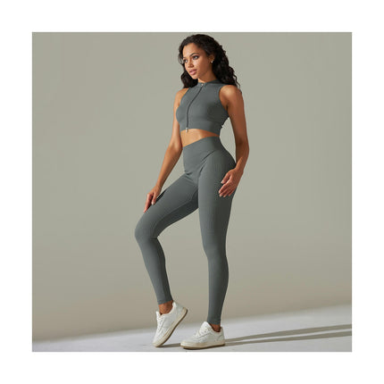 Women Seamless Yoga Set 2 Piece Sleeveless zipper crop top with High Waist Shorts Legging Outfit