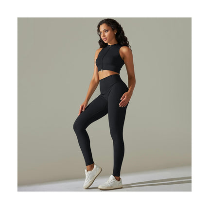 Women Seamless Yoga Set 2 Piece Sleeveless zipper crop top with High Waist Shorts Legging Outfit