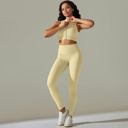 Women Seamless Yoga Set 2 Piece Sleeveless zipper crop top with High Waist Shorts Legging Outfit