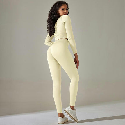 Workout Sets for Women 2 Piece Solid Color Stripes Long Sleeve Tops High Waist Leggings Yoga Set