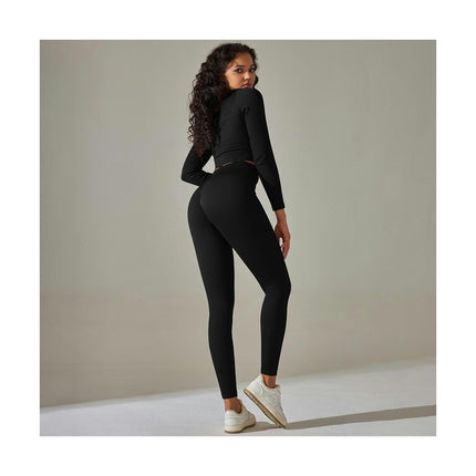 Workout Sets for Women 2 Piece Solid Color Stripes Long Sleeve Tops High Waist Leggings Yoga Set