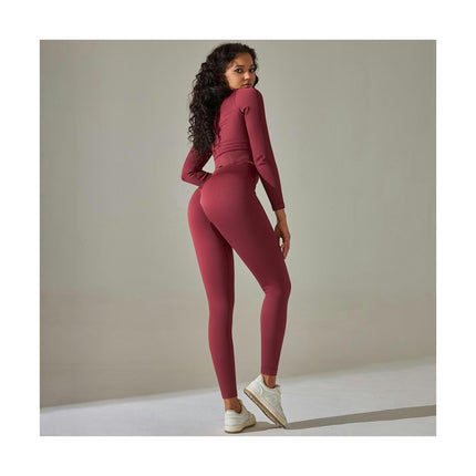 Workout Sets for Women 2 Piece Solid Color Stripes Long Sleeve Tops High Waist Leggings Yoga Set