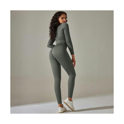 Workout Sets for Women 2 Piece Solid Color Stripes Long Sleeve Tops High Waist Leggings Yoga Set