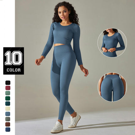 Workout Sets for Women 2 Piece Solid Color Stripes Long Sleeve Tops High Waist Leggings Yoga Set