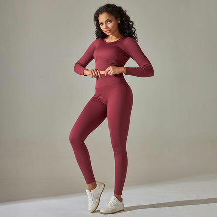 Workout Sets for Women 2 Piece Solid Color Stripes Long Sleeve Tops High Waist Leggings Yoga Set