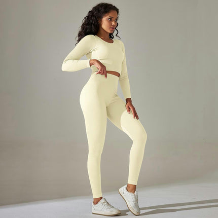 Workout Sets for Women 2 Piece Solid Color Stripes Long Sleeve Tops High Waist Leggings Yoga Set