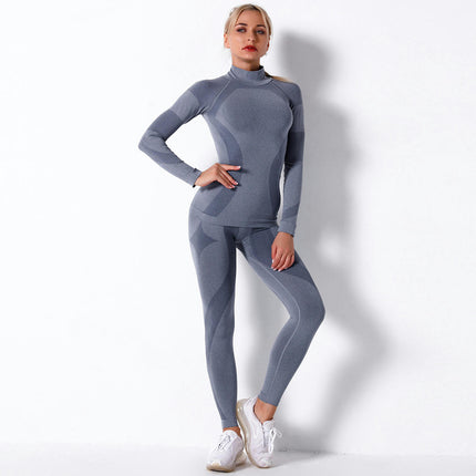 Workout Outfits for Women 2 Piece High Neck Stripes Long Sleeve Tops High Waist Leggings Yoga Set