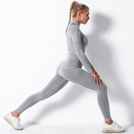 Workout Outfits for Women 2 Piece High Neck Stripes Long Sleeve Tops High Waist Leggings Yoga Set