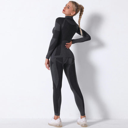 Workout Outfits for Women 2 Piece High Neck Stripes Long Sleeve Tops High Waist Leggings Yoga Set