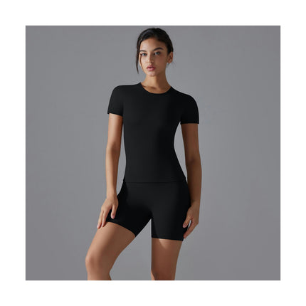 Women's Fitness Two-piece Set-Short Sleeve Slim Fit Gym Short Sleeve Top with Shorts Set