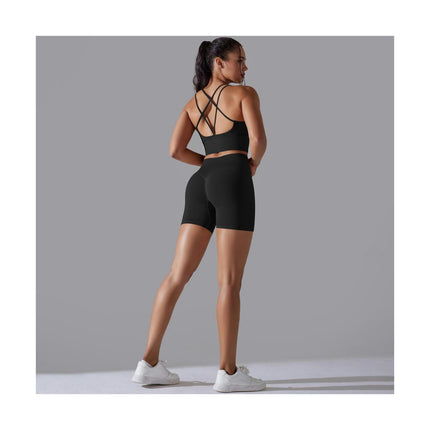 Women's Fitness Suit 2-piece Cross-back Sports Bra High Waist Yoga Shorts Set