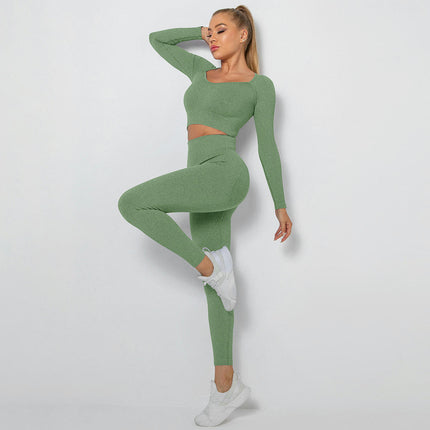 Women's Fitness Clothes 2 Pack Sports Quick Dry Yoga Gym Long Sleeve Top Leggings Set