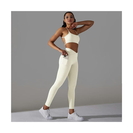 Women's Fitness 2-piece Set - Cross Back Sports Bra High Waist Leggings with Pockets Yoga Fitness Set