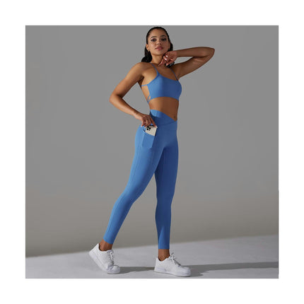 Women's Fitness 2-piece Set - Cross Back Sports Bra High Waist Leggings with Pockets Yoga Fitness Set