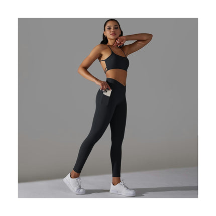 Women's Fitness 2-piece Set - Cross Back Sports Bra High Waist Leggings with Pockets Yoga Fitness Set