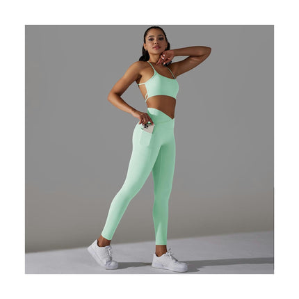 Women's Fitness 2-piece Set - Cross Back Sports Bra High Waist Leggings with Pockets Yoga Fitness Set