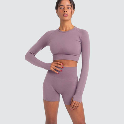 Women's Fitness Set 2-piece Set Long Sleeve Round Neck Top High Waist Leggings Yoga Clothes Set