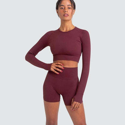 Women's Fitness Set 2-piece Set Long Sleeve Round Neck Top High Waist Leggings Yoga Clothes Set