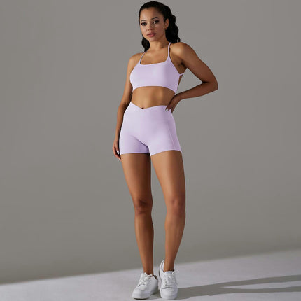 Women's 2-piece Yoga Suit High Waist Cycling Shorts Tights Strapless Beautiful Back Bra Fitness Suit Set