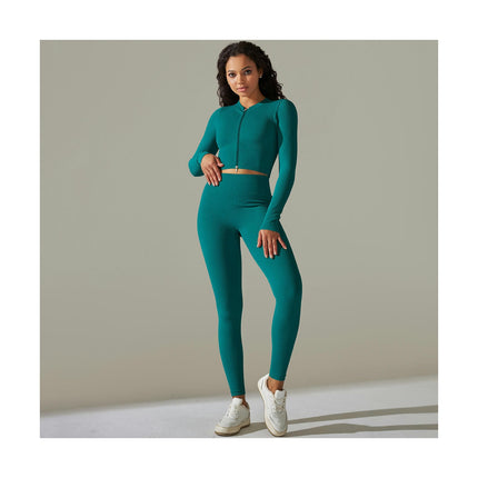 Women's Fitness Set 2-piece Long Sleeve High Waist Skinny Pants Set Zipper Top Gym