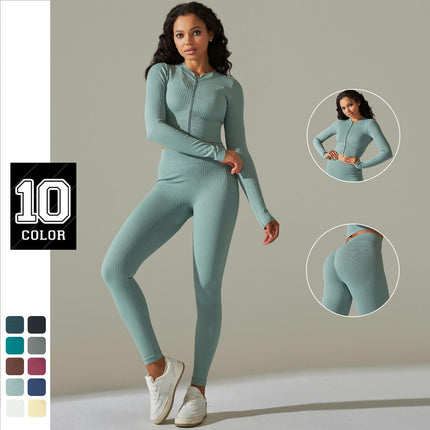 Women's Fitness Set 2-piece Long Sleeve High Waist Skinny Pants Set Zipper Top Gym