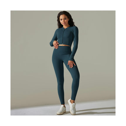 Women's Fitness Set 2-piece Long Sleeve High Waist Skinny Pants Set Zipper Top Gym