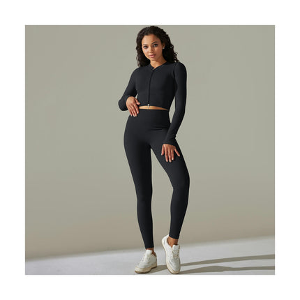 Women's Fitness Set 2-piece Long Sleeve High Waist Skinny Pants Set Zipper Top Gym