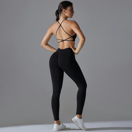 Women's Yoga Set 2-piece High Waist Skinny Pants with Cross Hollow Back Sports Bra