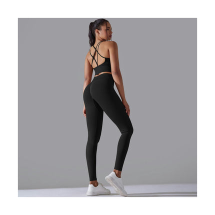 Women's Fitness 2-piece Set High Waist Skinny Pants with Suspender Hollow Back Sports Bra Yoga Set