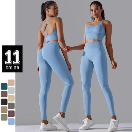 Women's Fitness 2-piece Set High Waist Skinny Pants with Suspender Hollow Back Sports Bra Yoga Set