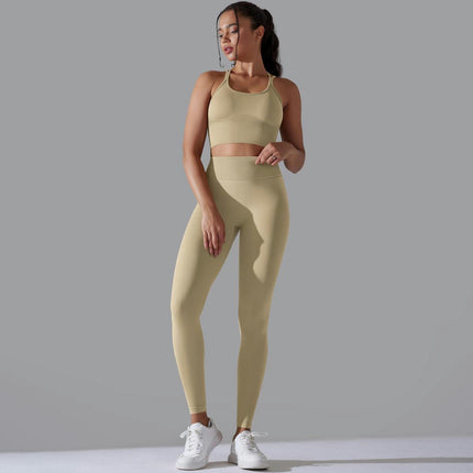 Women's Fitness 2-piece Set High Waist Skinny Pants with Suspender Hollow Back Sports Bra Yoga Set