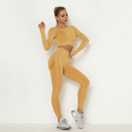 Women's Fitness Set 2-Piece Set Long Sleeve Yoga Wear Fitness Wear Seamless Cropped Top High Waist Leggings