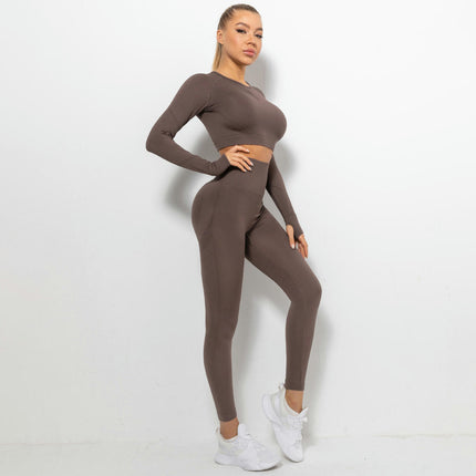 Women's Fitness Set 2-Piece Set Long Sleeve Yoga Wear Fitness Wear Seamless Cropped Top High Waist Leggings