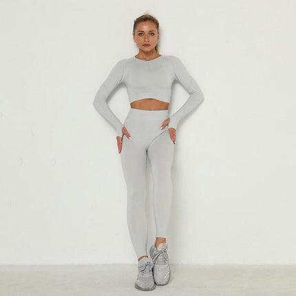 Women's Fitness Set 2-Piece Set Long Sleeve Yoga Wear Fitness Wear Seamless Cropped Top High Waist Leggings