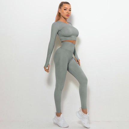 Women's Fitness Set 2-Piece Set Long Sleeve Yoga Wear Fitness Wear Seamless Cropped Top High Waist Leggings