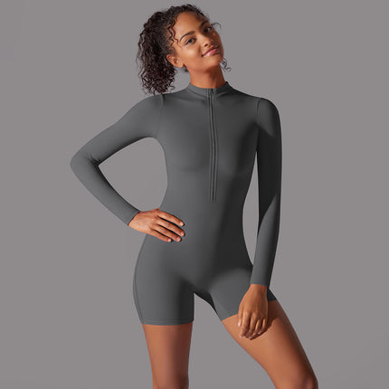 Women Long Sleeve Workout Jumpsuit Zip Up Romper Bottom Shorts Bodysuit Sexy One Piece