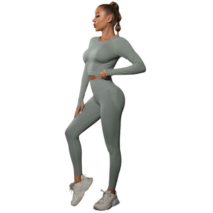 Workout Set for Women Two Pieces with Long Sleeves and High-Waisted Tight Yoga Pants