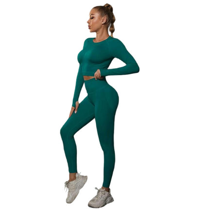 Workout Set for Women Two Pieces with Long Sleeves and High-Waisted Tight Yoga Pants