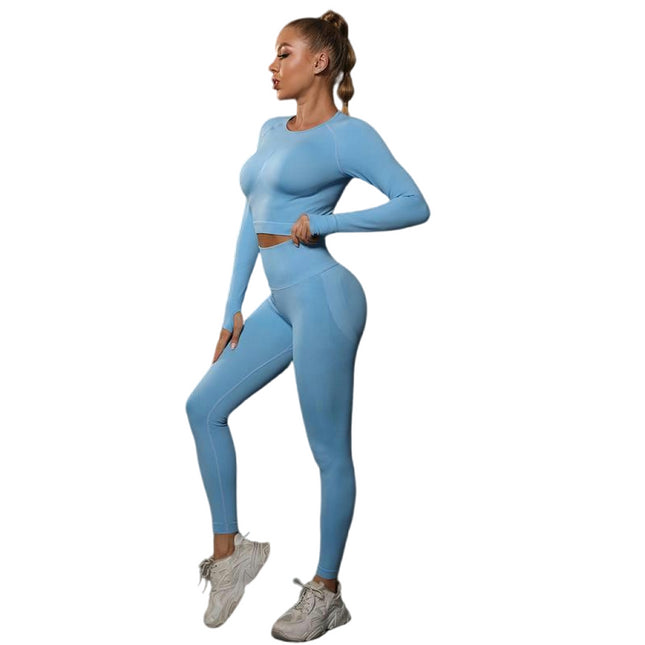 Workout Set for Women Two Pieces with Long Sleeves and High-Waisted Tight Yoga Pants