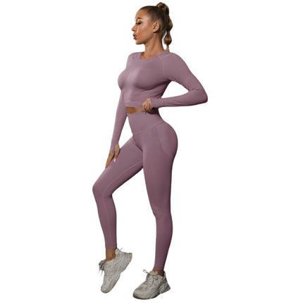 Workout Set for Women Two Pieces with Long Sleeves and High-Waisted Tight Yoga Pants