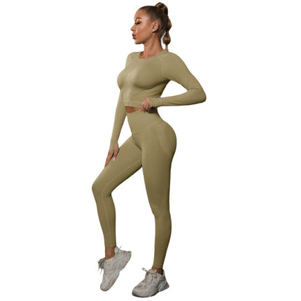 Workout Set for Women Two Pieces with Long Sleeves and High-Waisted Tight Yoga Pants