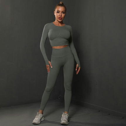 Workout Set for Women Two Pieces with Long Sleeves and High-Waisted Tight Yoga Pants