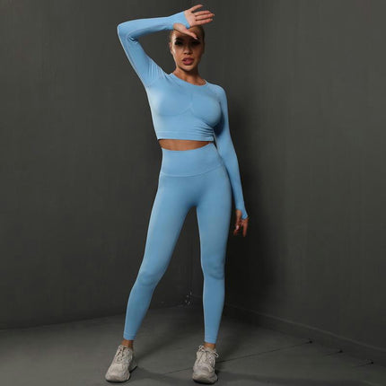 Workout Set for Women Two Pieces with Long Sleeves and High-Waisted Tight Yoga Pants