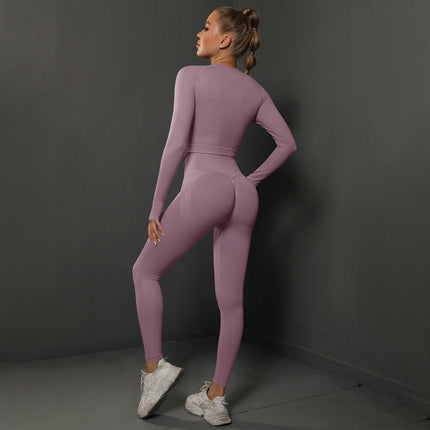 Workout Set for Women Two Pieces with Long Sleeves and High-Waisted Tight Yoga Pants