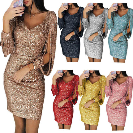 Women's Fringe Long Sleeves Bodycon Dress Summer Sequin V Neck  Elegant Evening Party Mini Dresses