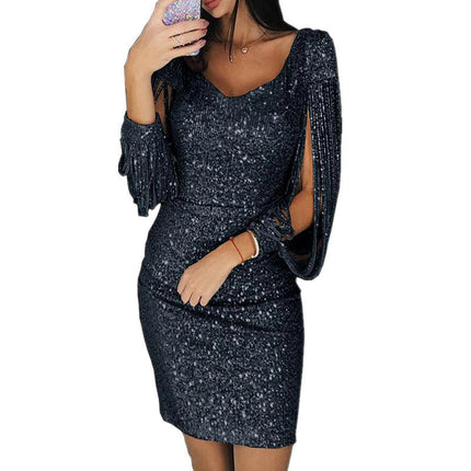 Women's Fringe Long Sleeves Bodycon Dress Summer Sequin V Neck  Elegant Evening Party Mini Dresses