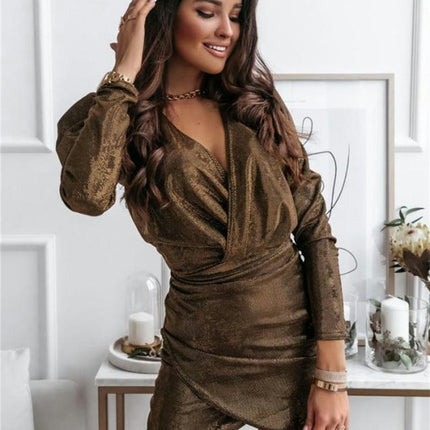 Women's Sexy V Neck Bodycon Mini Dress Long Sleeve Ruched Club Party Dresses